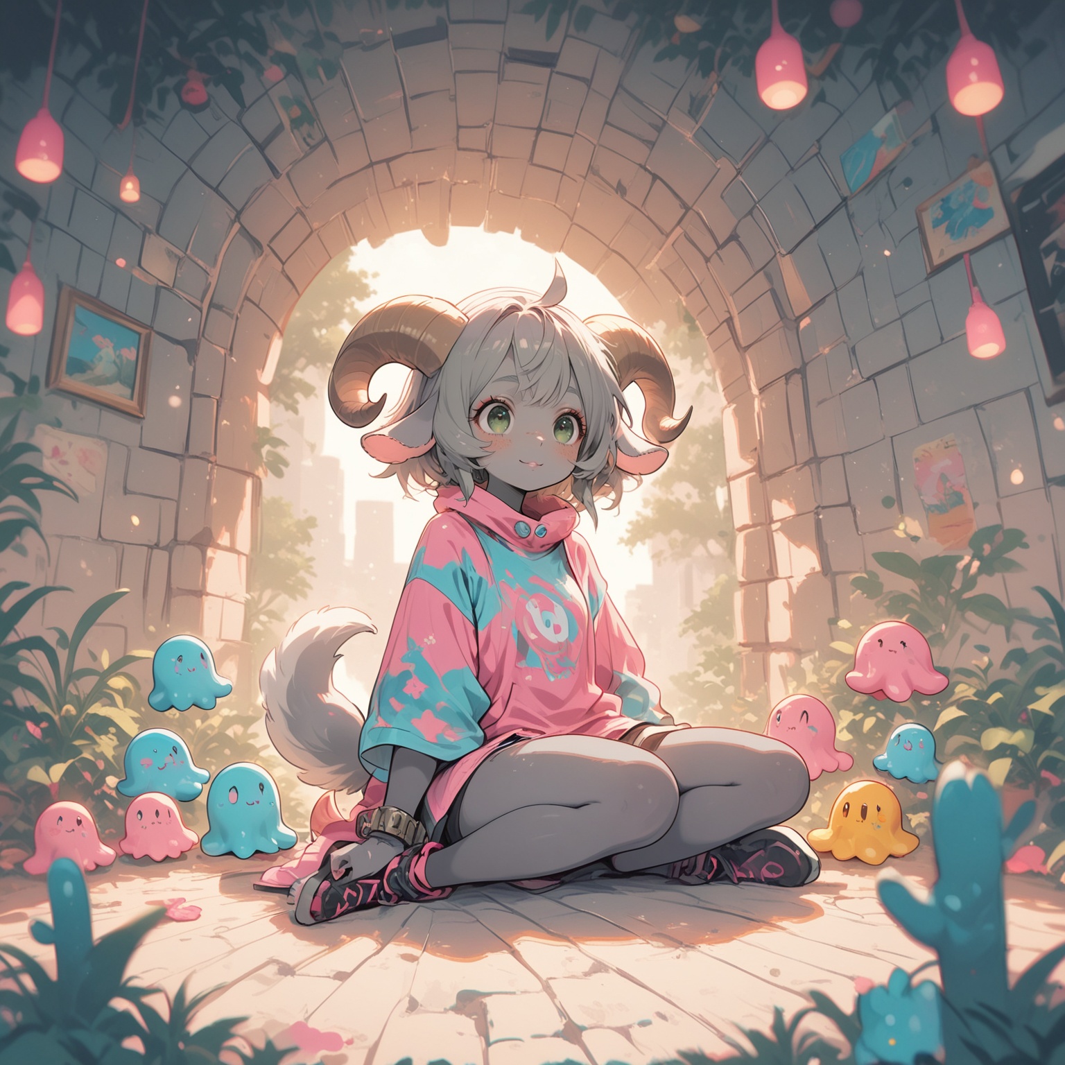 darkish gray skin covered in neon-pink freckles,  ultra-freckled complexion. Small gray skin goat ears,  small gray goat t...