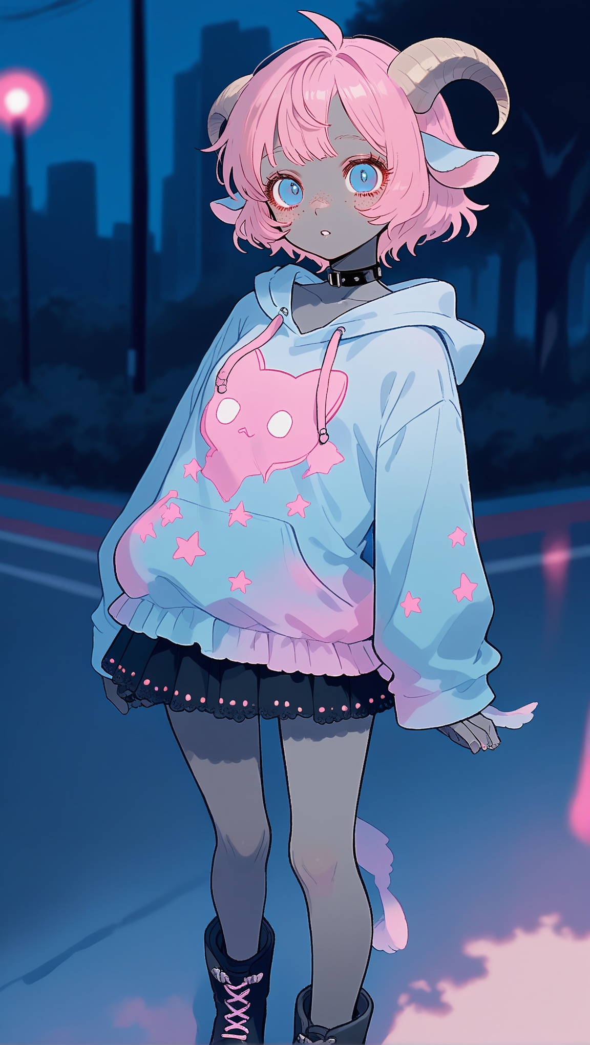 darkish gray skin covered in neon-pink freckles,  ultra-freckled complexion. Small gray skin goat ears,  small gray goat t...