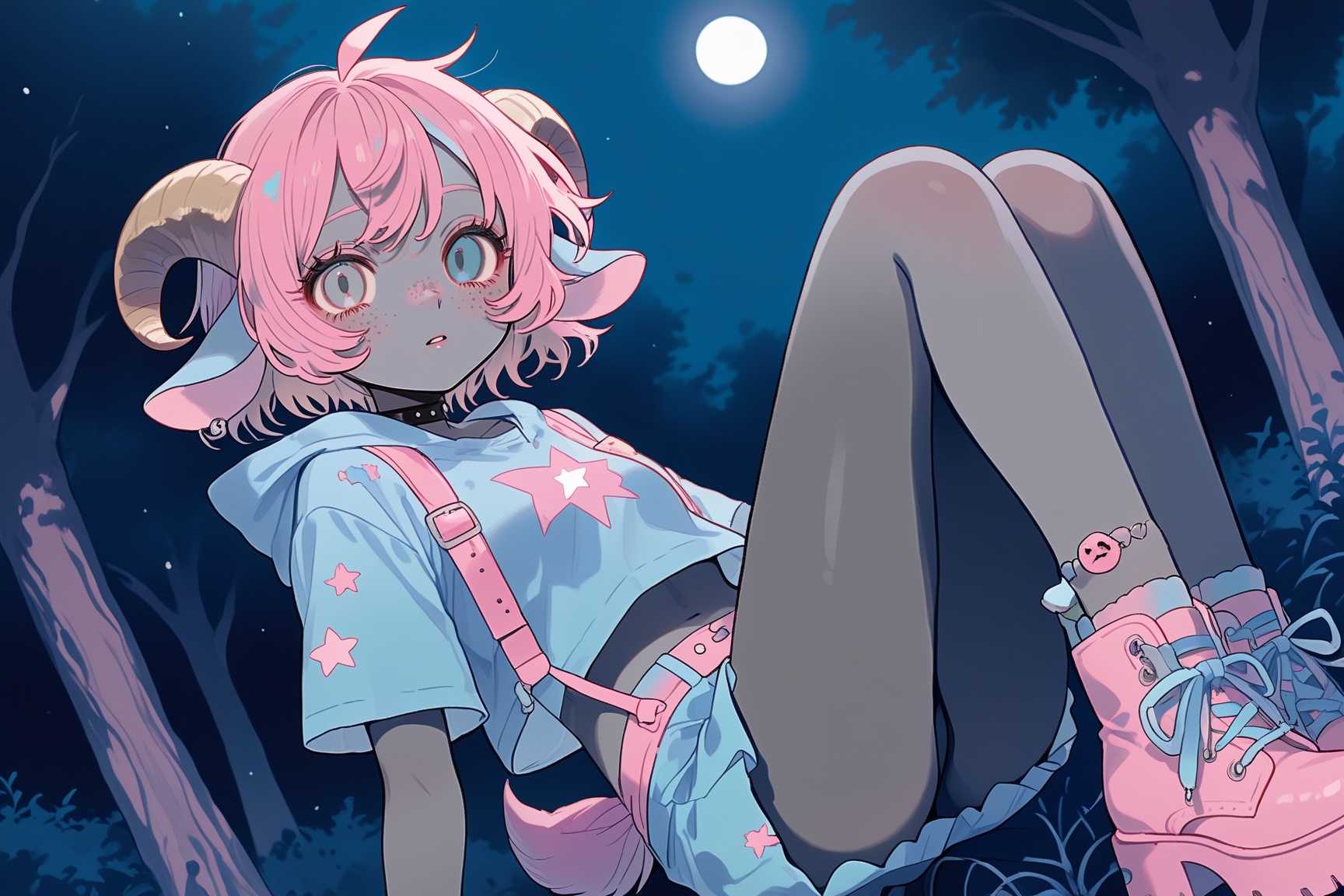 darkish gray skin covered in neon-pink freckles,  ultra-freckled complexion. Small gray skin goat ears,  small gray goat t...
