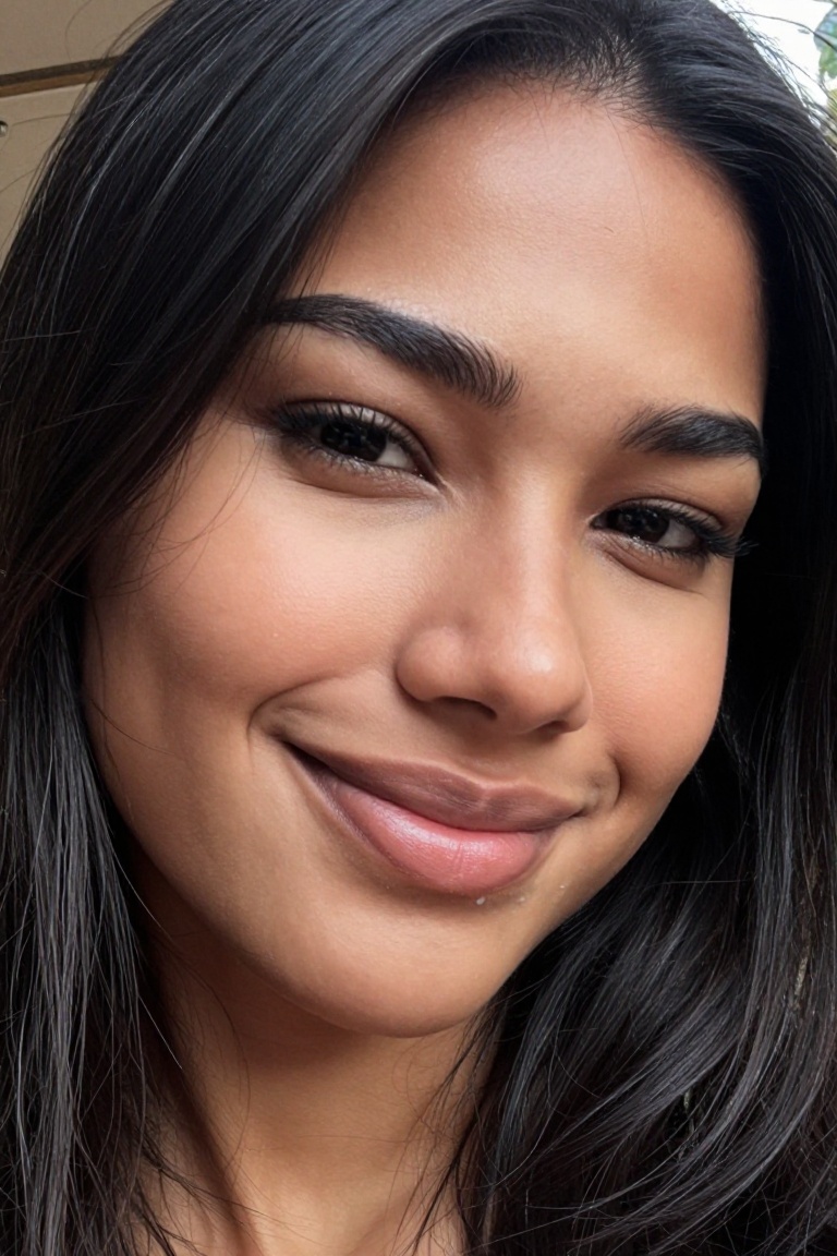 Cinematic photorealistic close-up portrait of PereiModel,  a young woman with long dark hair and natural makeup,  warm gen...