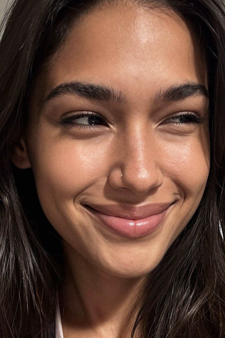Cinematic photorealistic close-up portrait of PereiModel,  young woman with long dark hair,  beautiful natural smile with...
