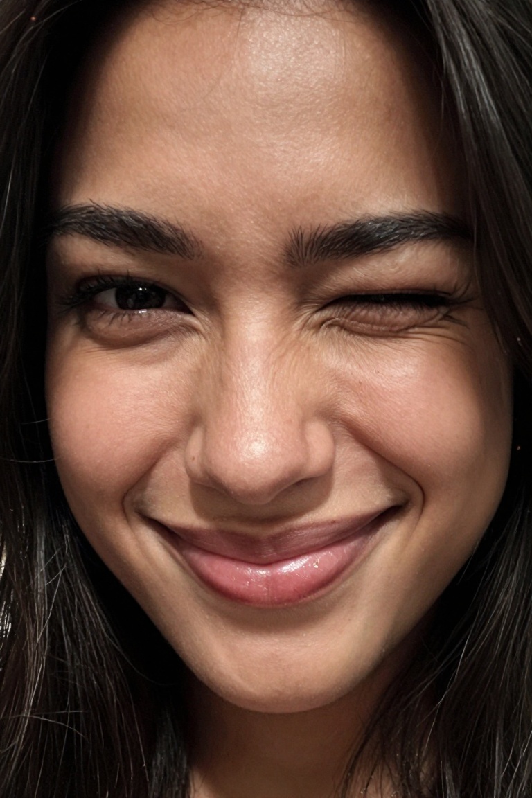 Cinematic photorealistic extreme close-up portrait of PereiModel,  beautiful young woman with long dark hair,  playful fli...