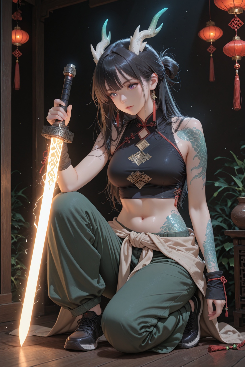 A female character,  dressed in a uniquely styled outfit full of Chinese elements: she wears a short,  printed crop top th...