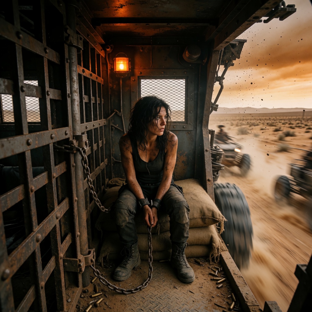 A gritty,  atmospheric film still from a high-stakes,  post-apocalyptic action sequence. The scene is set inside a cramped...