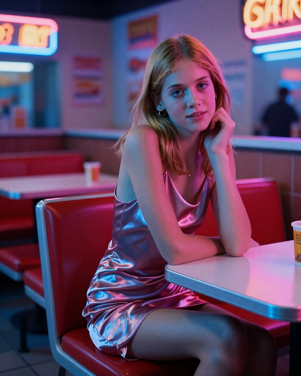 A full-body shot of a young woman with sandy-blonde hair,  seated at a table within a vibrant fast-food interior. She is d...