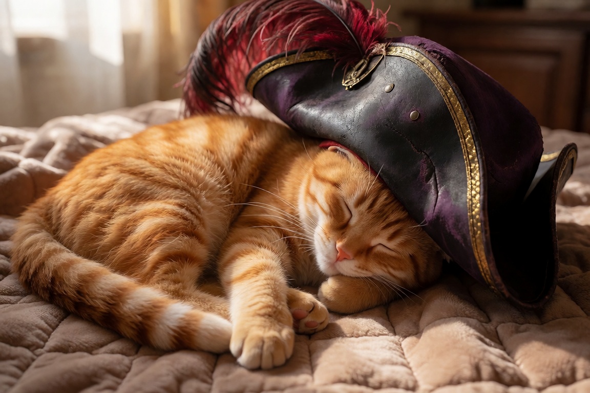 @puss,  @himmis,  A highly detailed realistic photo of a cute orange tabby cat sleeping peacefully on a soft brown quilted...