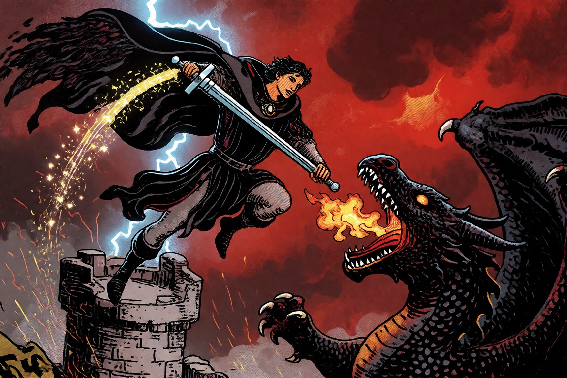 A handsome young hero in a flowing black battle robe,  wielding a gleaming silver sword,  stands atop a crumbling stone to...