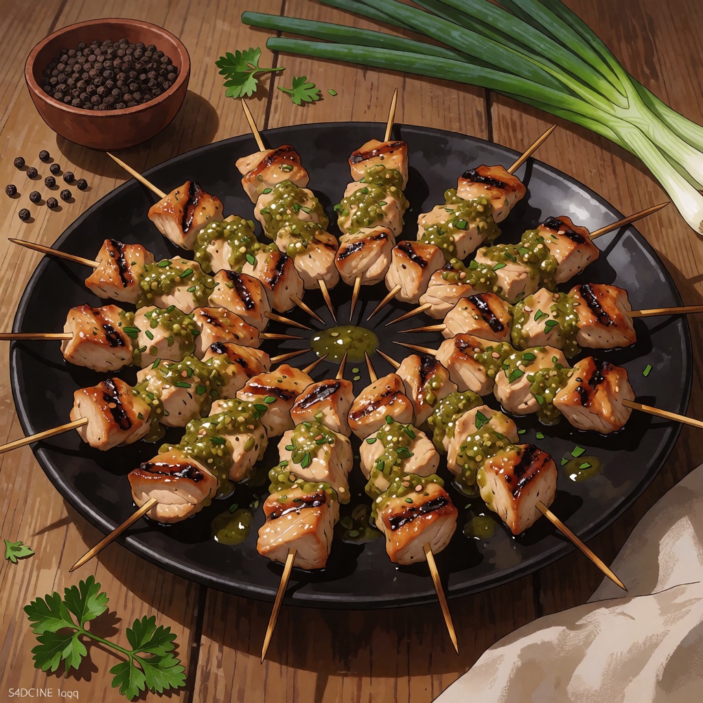 sharp image of a wooden table with a black plate on it. On the plate,  there are several skewers of food,  which appear to...
