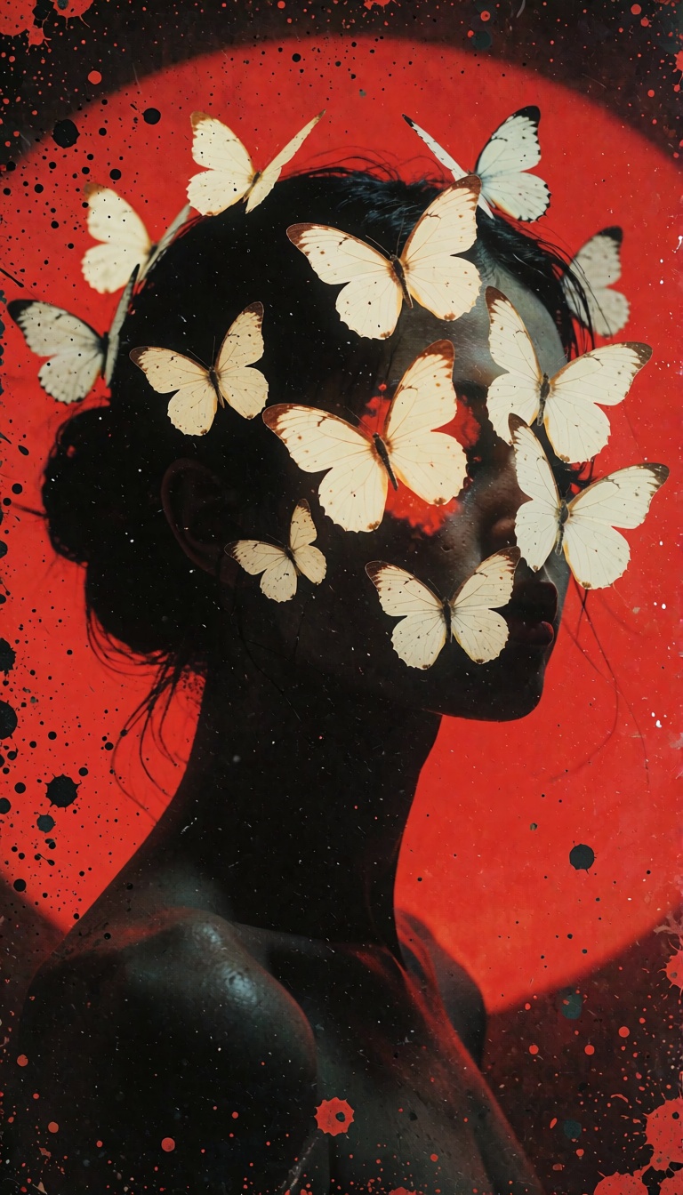 A surreal,  avant-garde mixed-media portrait featuring a dark silhouette of a woman head and shoulders against an intense,...