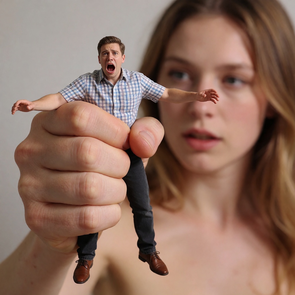 A terrified miniature man being grabbed around the waist by a giant female hand. The hand wraps around his torso and grips...