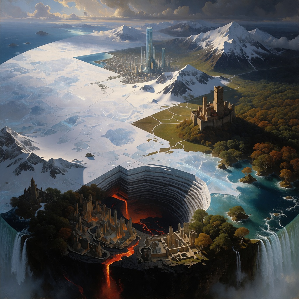 The composition presents a majestic 45-degree isometric top-down vista where the massive cylindrical world dominates the e...