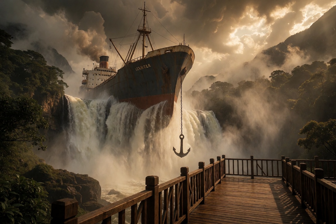 Bradhamel art style. A colossal,  weathered cargo ship perched precariously atop a massive waterfall cascade,  its bow sub...