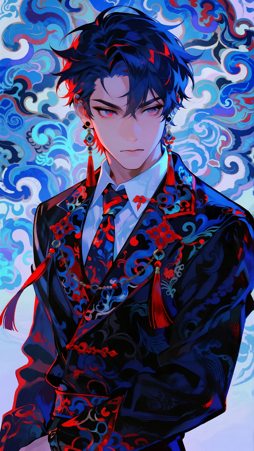 this is a digital illustration in an anime style,  depicting a young man with a serious expression,  he has short on Tenso...