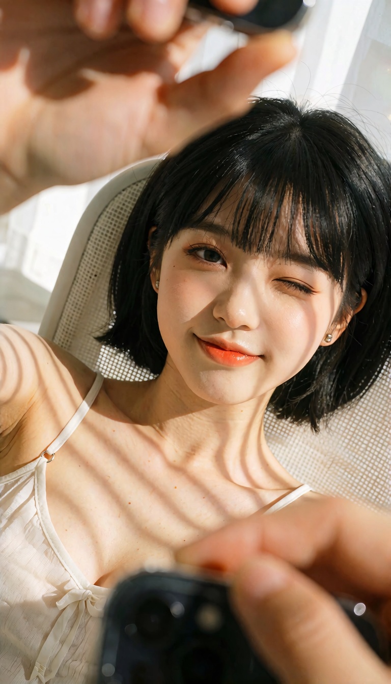 "subject": "description": "A cute young East Asian woman in her early 20s with fair skin and short black bob,  lying down...