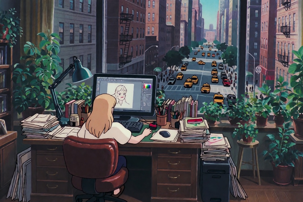 This ghibli style image shows a blond woman working at a large wooden desk in a cozy,  plant-filled apartment with an expa...