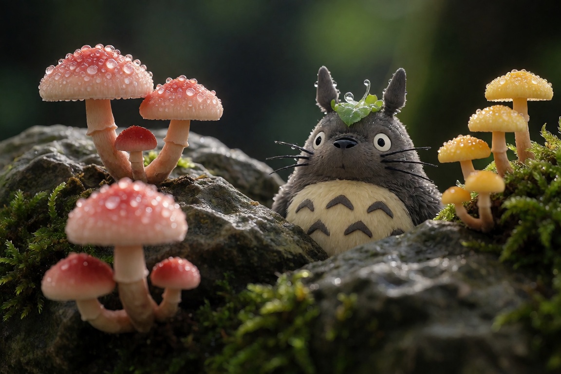 It's a dark and humid place. Light red and yellow mushrooms and moss grow from the rock surface. Detailed,  realistic prof...