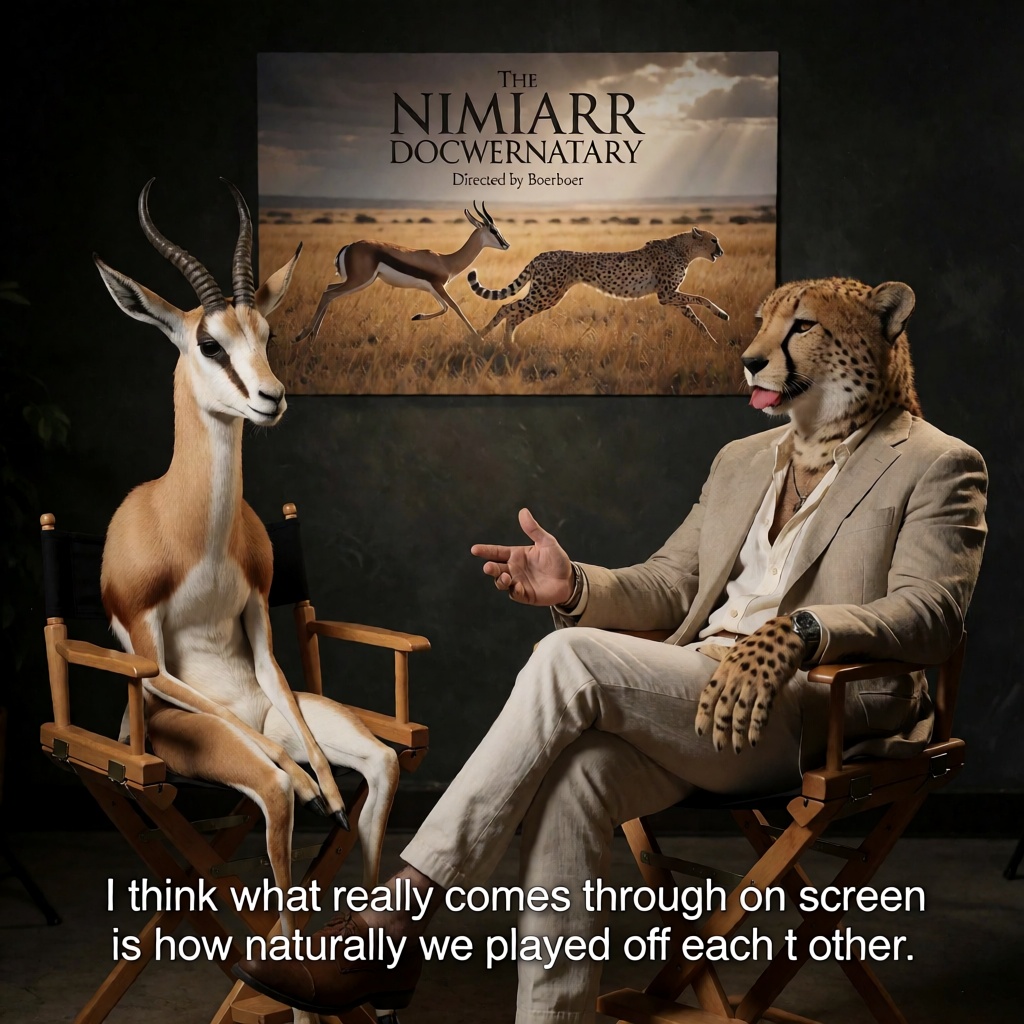 A photorealistic image styled like a behind-the-scenes press junket interview photograph — the kind shot in a dark,  caref...