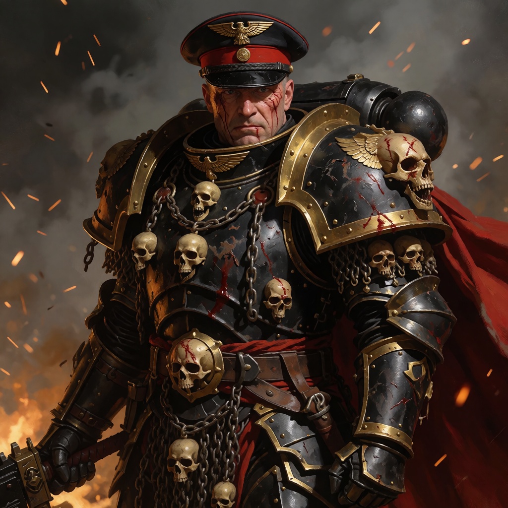 Bradhamel art style. A stern,  battle-scarred military commander in ornate black and gold armor adorned with numerous skul...