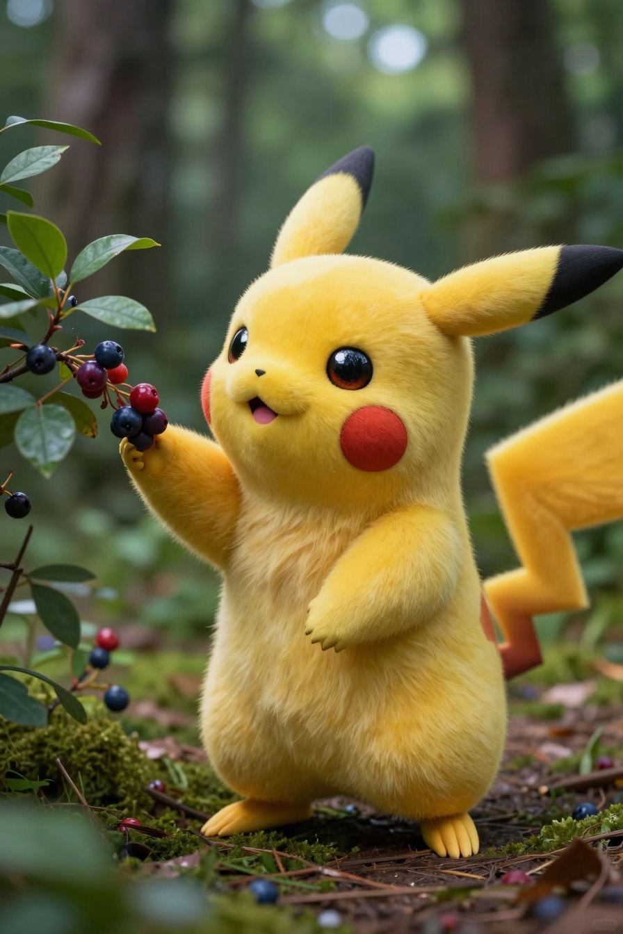 A hyper-realistic cinematic photograph of a pikachu,  with detailed fur and eyes. It is standing in a forest trying to rea...