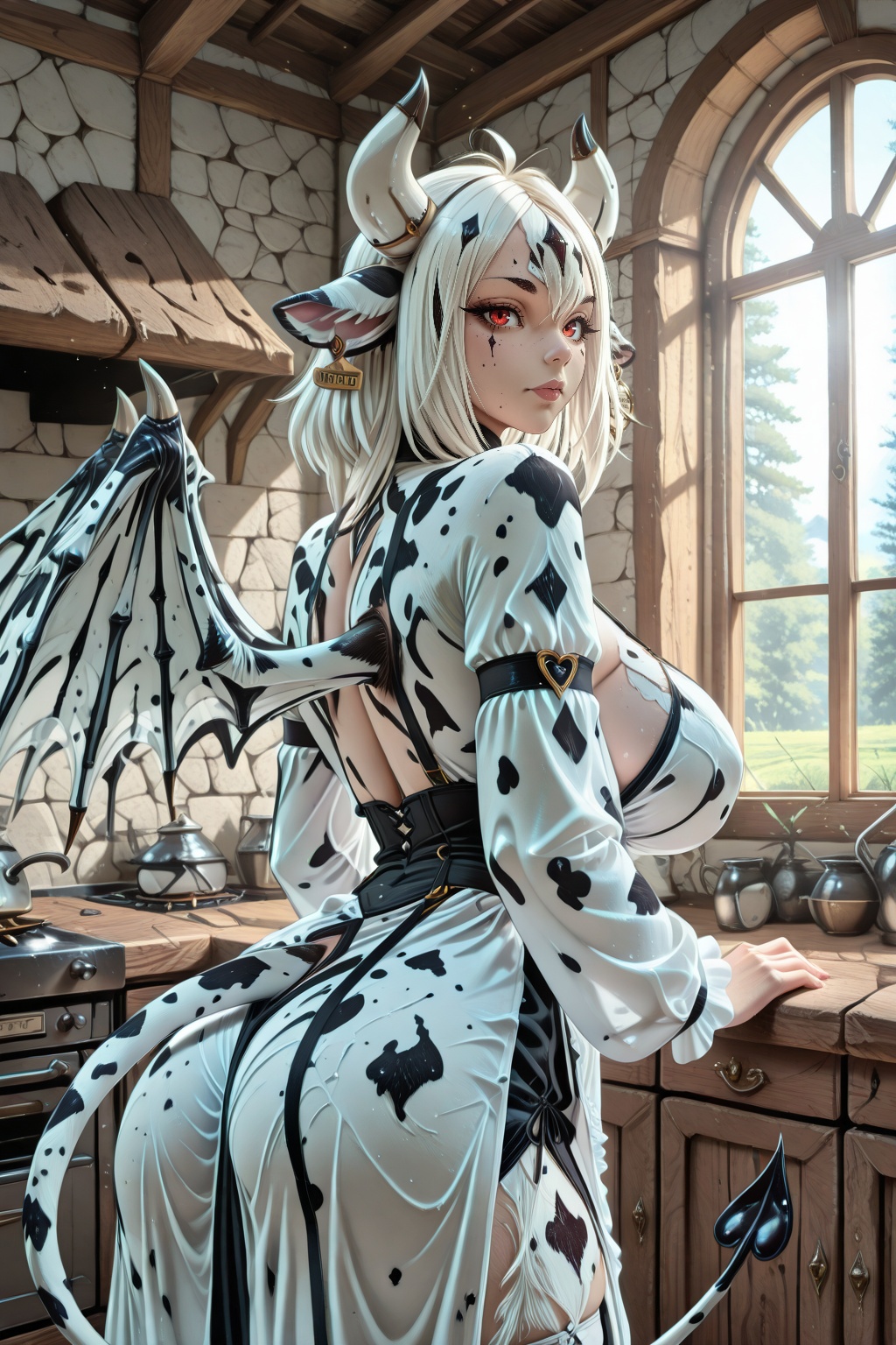 Create a scene where Gyumi,  dressed in a maid dress,  stands inside a rustic kitchen. The kitchen is adorned with natural...