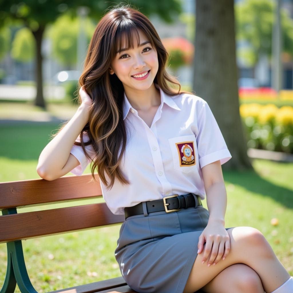 A medium full-body portrait shot captured at eye-level of a beautiful 17-year-old Chinese beauty with a proportional build...