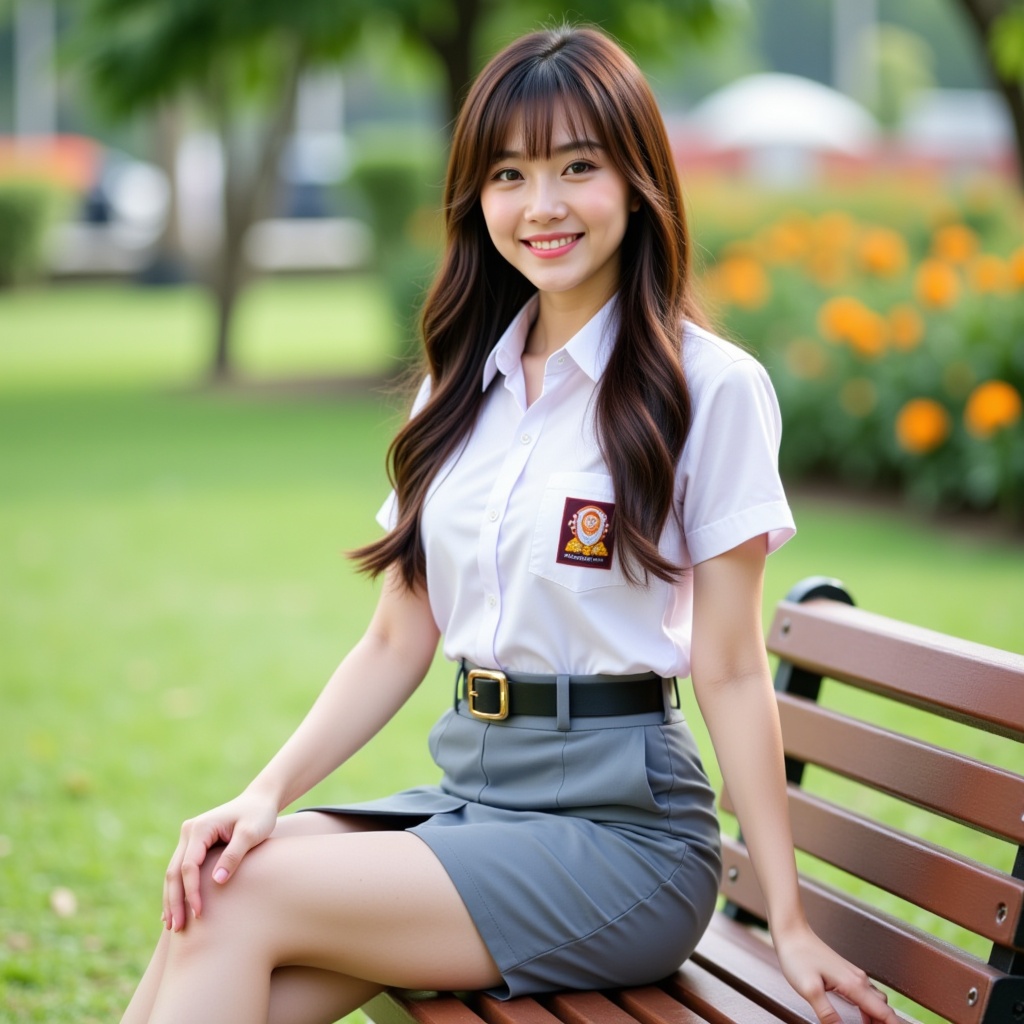 A medium full-body portrait shot captured at eye-level of a beautiful 17-year-old Chinese beauty with a proportional build...