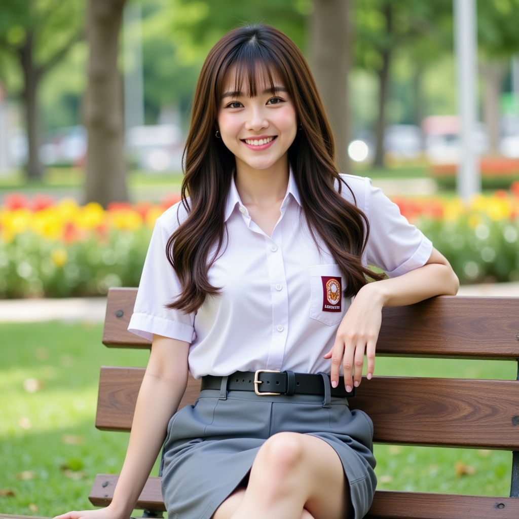 A medium full-body portrait shot captured at eye-level of a beautiful 17-year-old Chinese beauty with a proportional build...