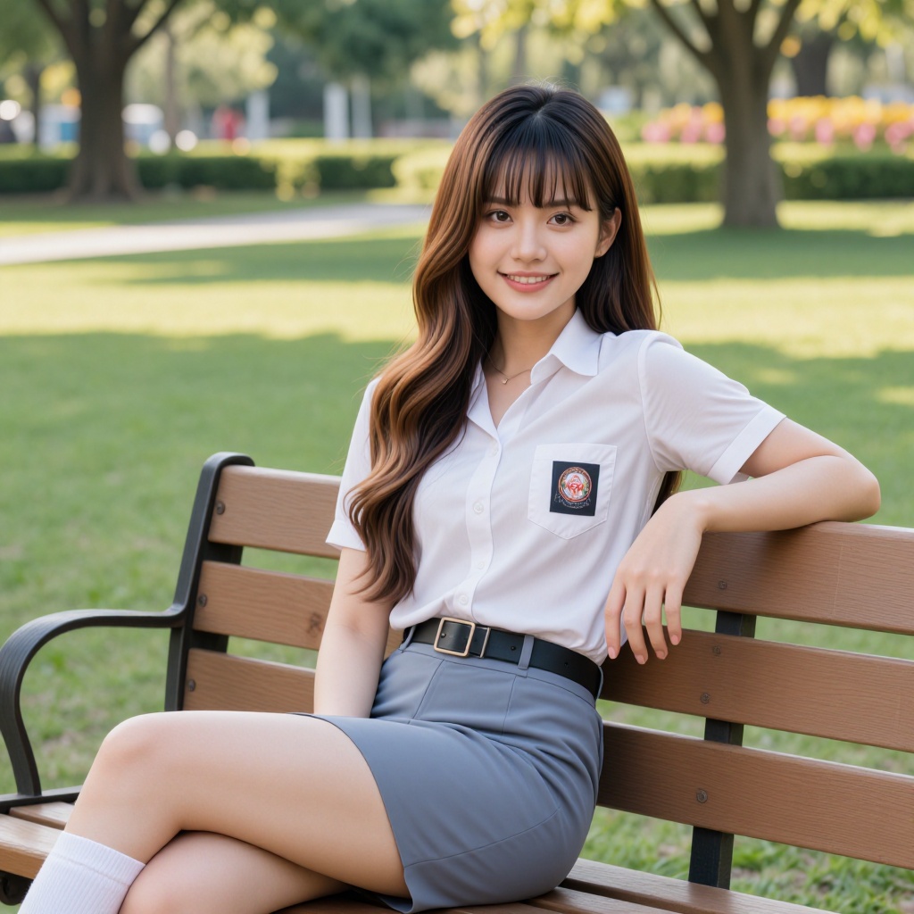 A medium full-body portrait shot captured at eye-level of a beautiful 17-year-old Chinese beauty with a proportional build...