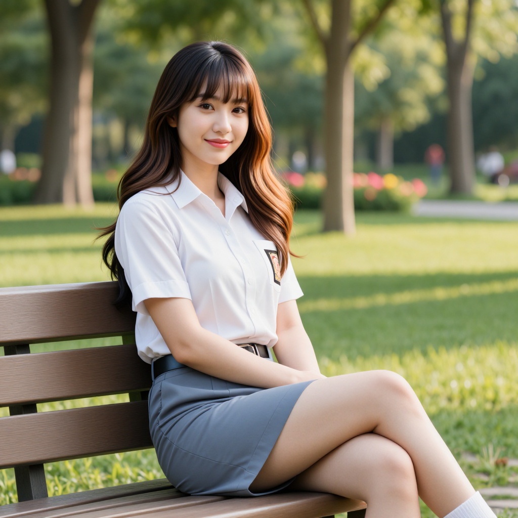A medium full-body portrait shot captured at eye-level of a beautiful 17-year-old Chinese beauty with a proportional build...