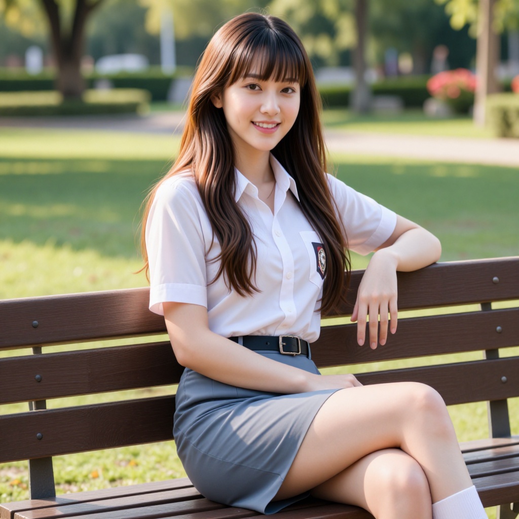 A medium full-body portrait shot captured at eye-level of a beautiful 17-year-old Chinese beauty with a proportional build...