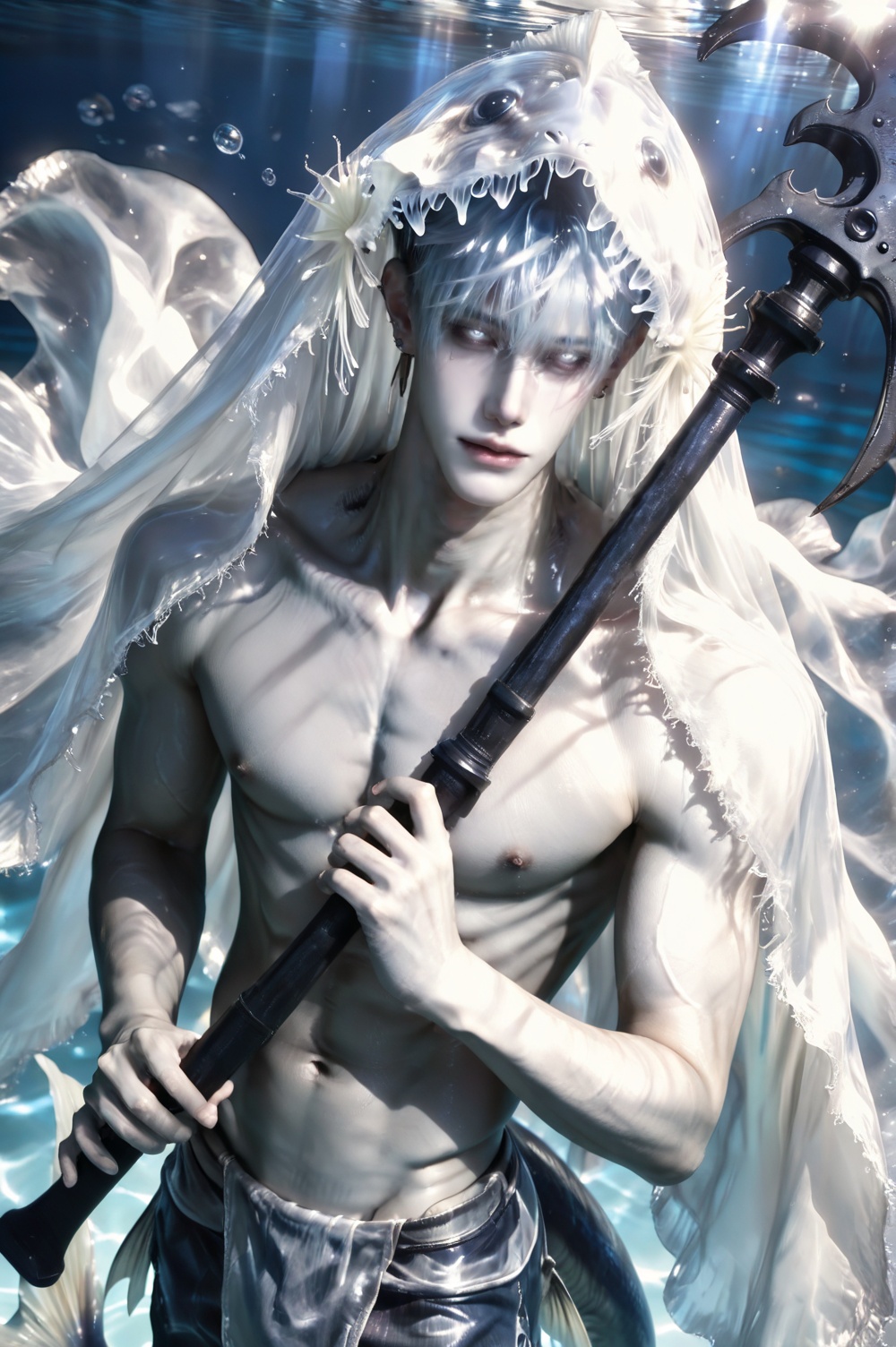 ((Below is a large blue mermaid tail)),  Sharp facial features,  sharp 4K image on Tensor.Art