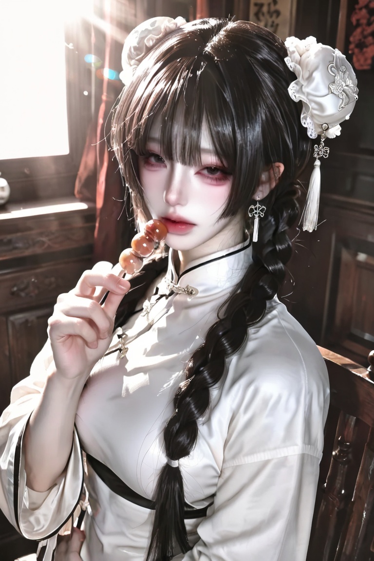 Dressed in a black and white Chinese outfit,  in a Chinese-style setting,  holding sugar-coated candies in her hand on Ten...