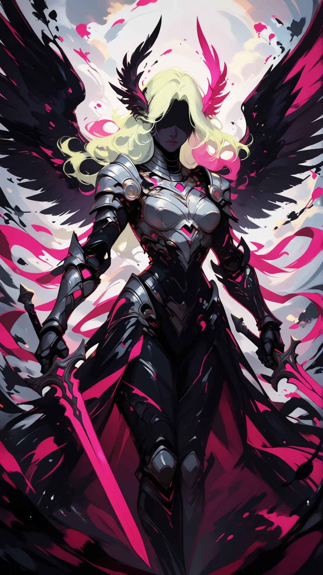 digital fantasy artwork depicting a powerful,  armored female angel with large,  black and pink feathered wings on Tensor.Art