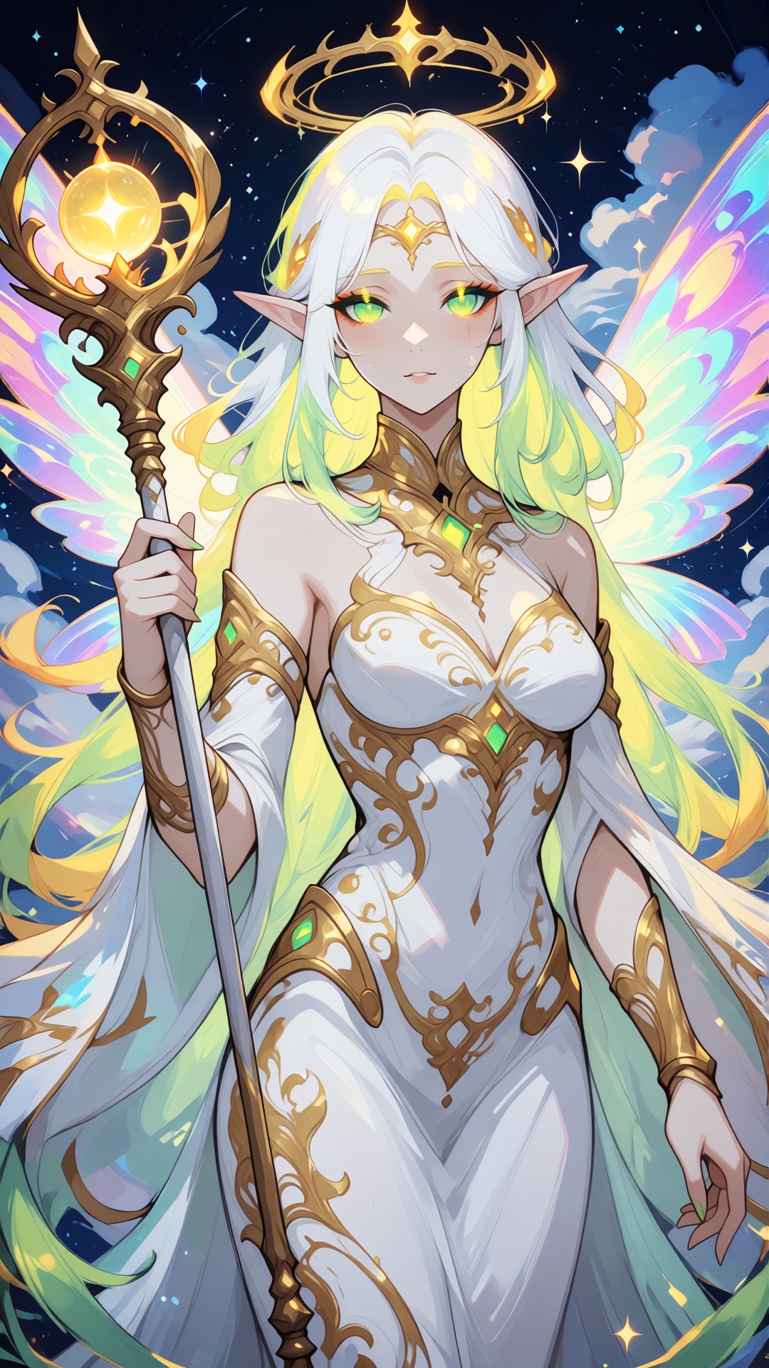 this is a highly detailed digital illustration in an anime style,  depicting a celestial,  angelic female figure with a fa...
