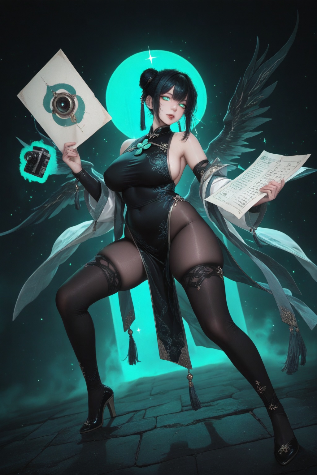 A delicate-looking girl dressed in ancient Chinese style,  holding a paper amulet and surrounded by green light. The backg...
