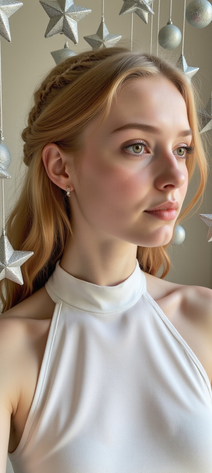 A breathtaking,  photorealistic close-up of a contemplative woman adorned with magical elements. Hanging around her are nu...