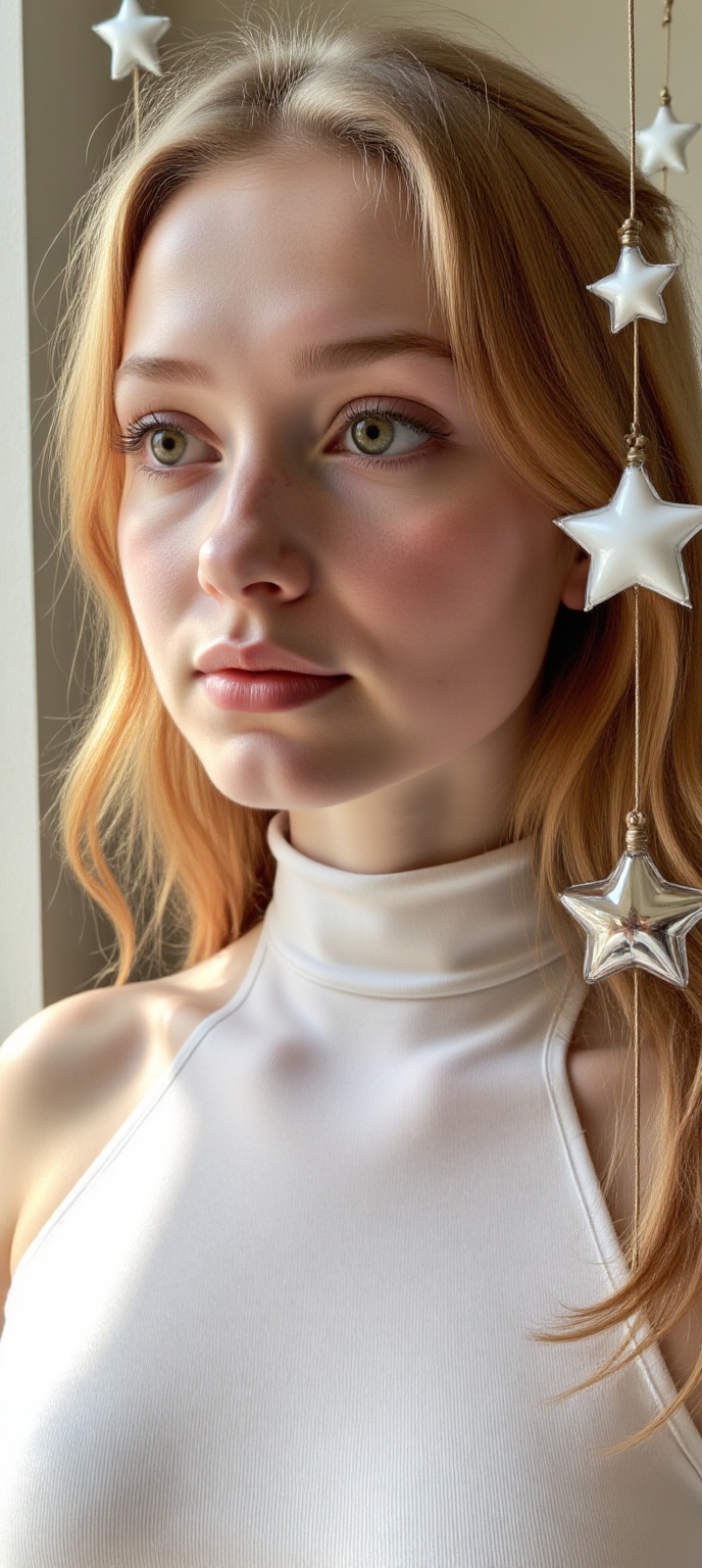 A young girl 10year old,  photorealistic close-up of a contemplative woman adorned with magical elements. Hanging around h...