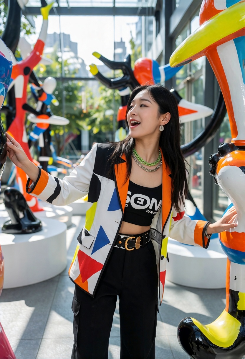 Create a photo of a 23-year-old Korean woman standing in front of a modern art installation during the day. She is dressed...
