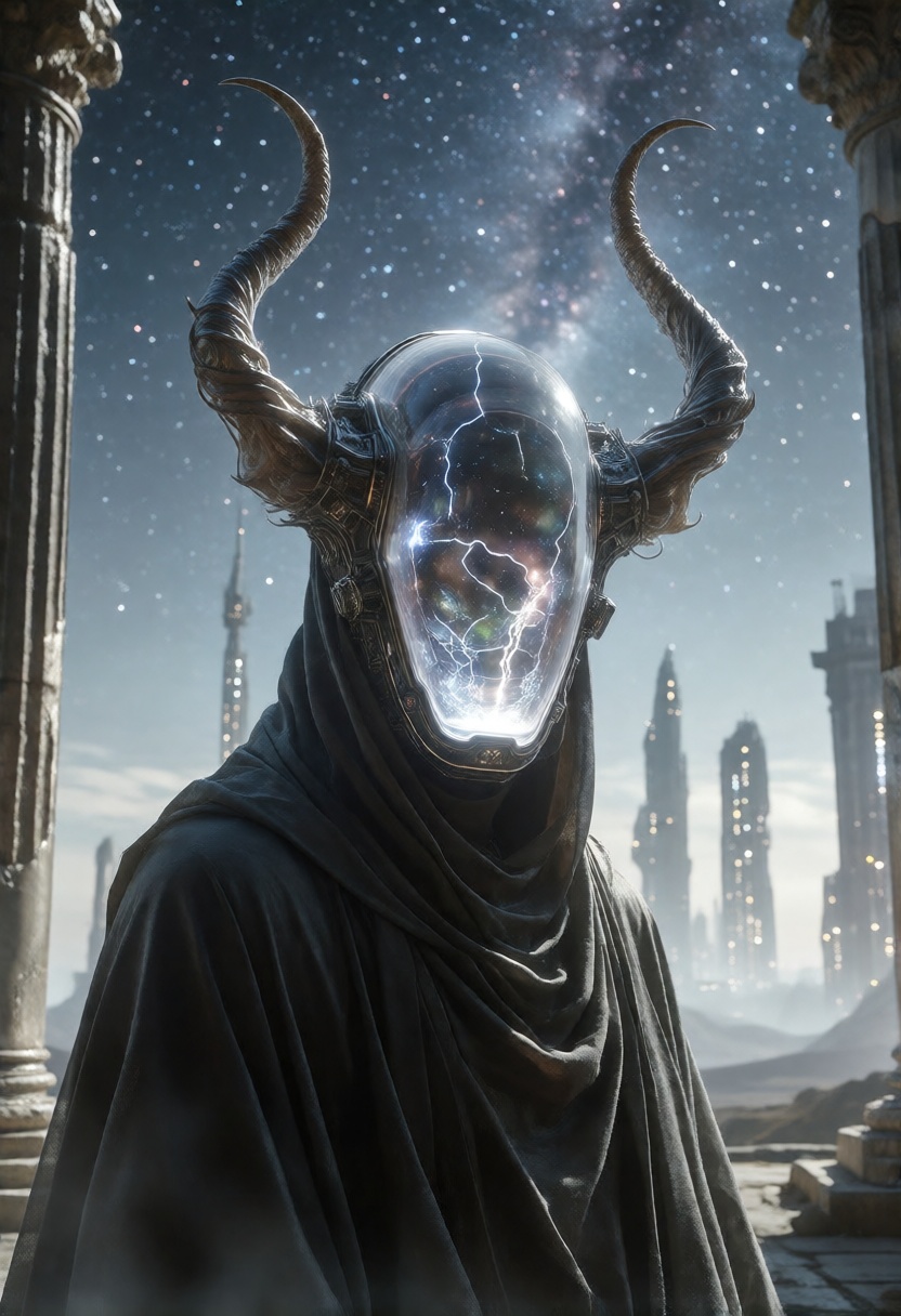 Cinematic,  futuristic scene featuring a close-up portrait of a mysterious figure wearing a dark,  flowing robe. The figur...