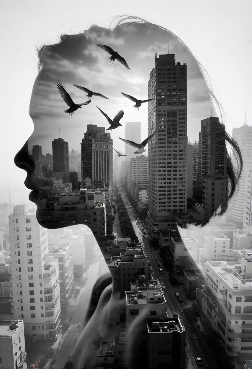 silhouette of a woman head,  within which there appears to be a cityscape with buildings. (birds FLY BETWEEN BUILDINGS,  I...