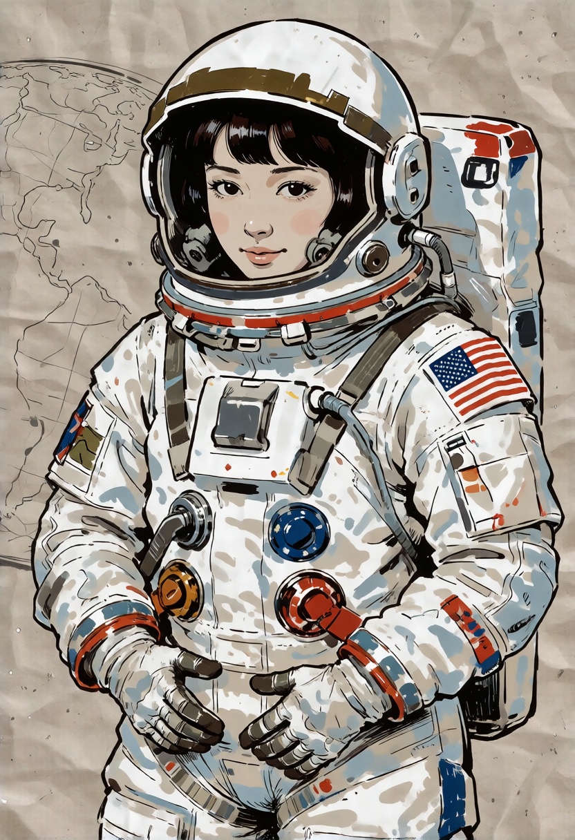 illustration of beautiful Japanese woman 1960s Astronaut in style of ink sketch on construction paper. ((intricate paper t...
