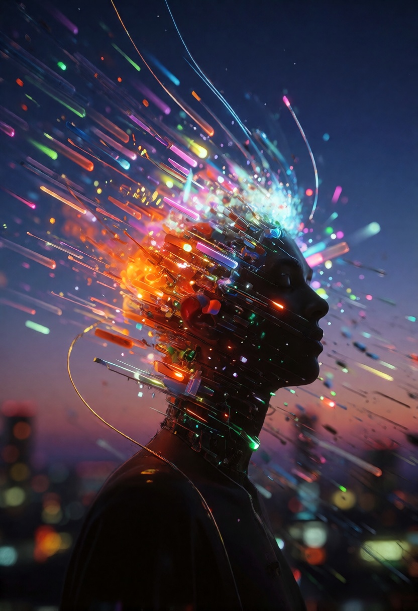 A surreal and glitch-inspired depiction of a figure with their head dissolving into a vibrant explosion of colorful light...