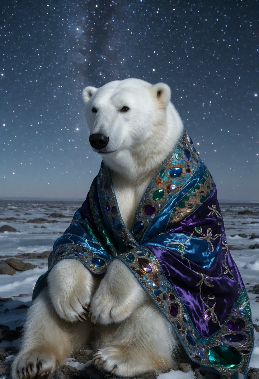 In this captivating realistic shot,  an anthropomorphic polar bear dressed in a richly textured,  jewel-toned shawl sits c...