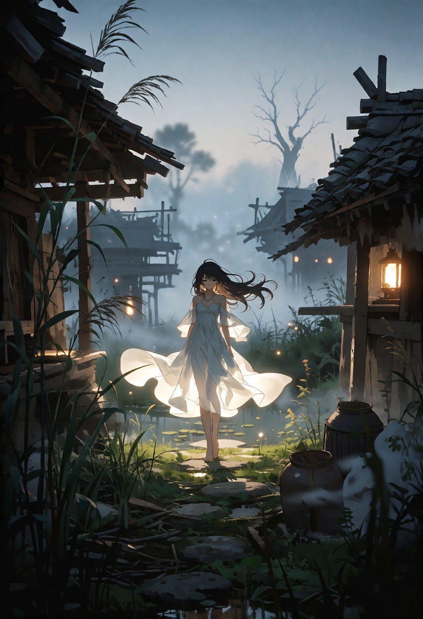 anime style,  2d,  An atmospheric anime of a beautiful woman wearing etheral dresss on Tensor.Art