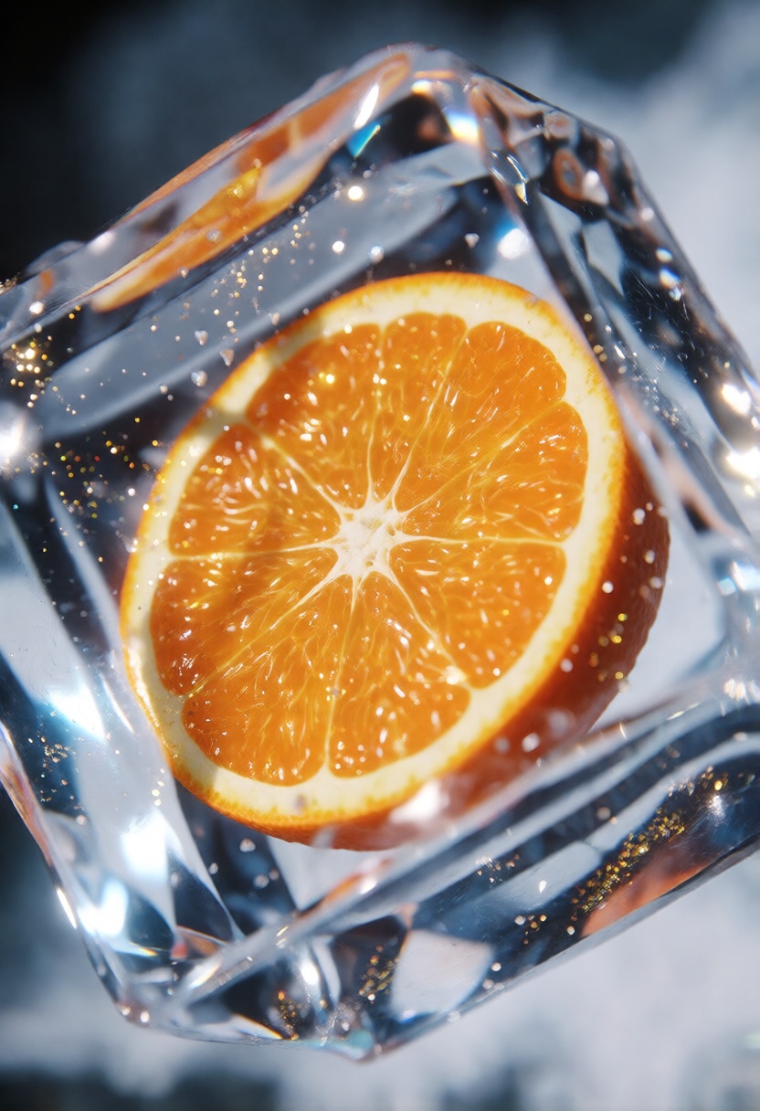3D render,  realistic,  shining orange slice inside faceted ice cube on Tensor.Art