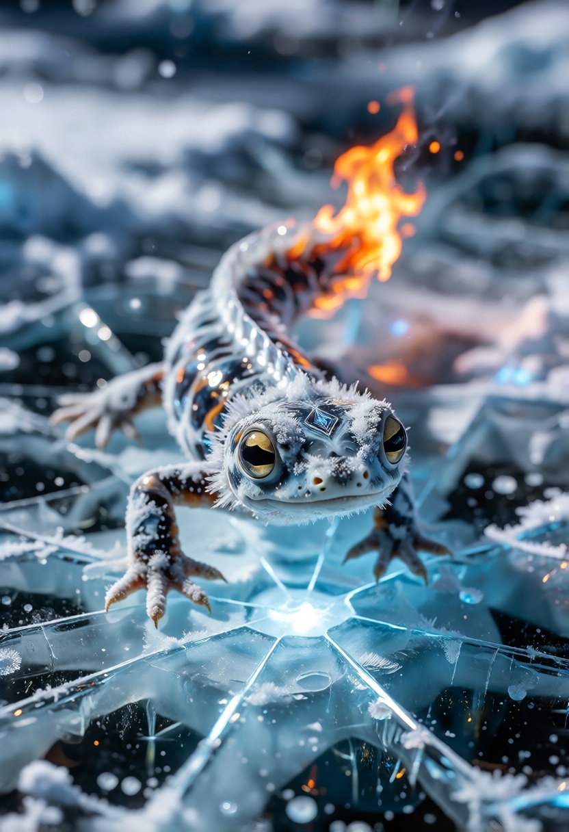 An adorable,  hyper-stylistic ice salamander stands on a sheet of cracked ice,  its body a mesmerizing fusion of frosty bl...