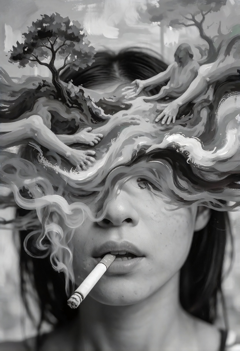 A surreal artwork showing a asian woman face with a cigarette in their mouth. upper face is obscured by what looks like a...