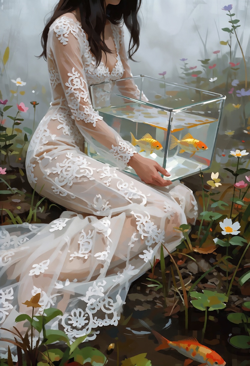 digital paint of a person sitting in lace wedding dress and holdint a **** with gold fish in a natural setting,  likely a...