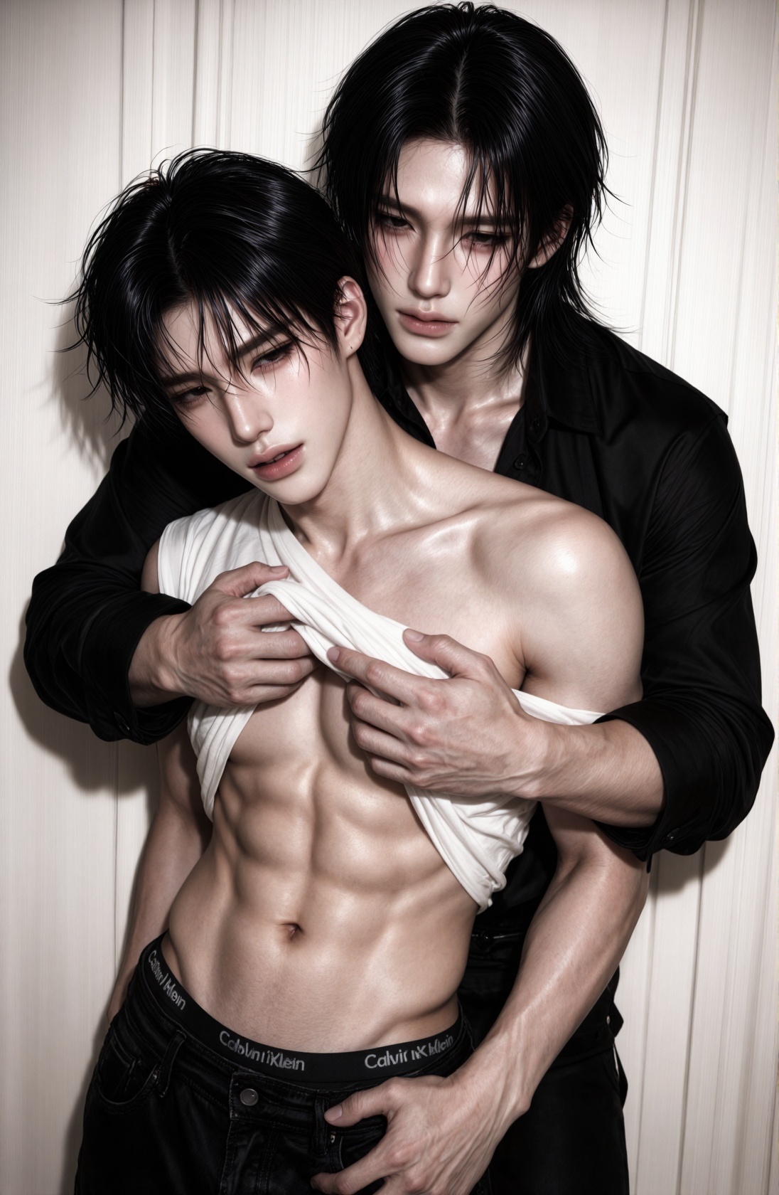 cinematic studio portrait of two attractive young Asian men,  intimate dynamic pose Man in front: leaning back against the...