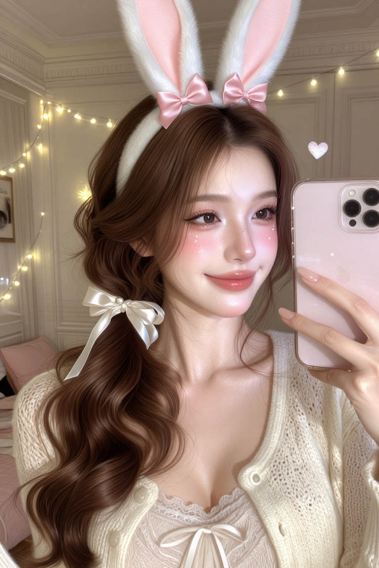 Semi-close up selfie of a young woman with refined coquette dollette features,  warm brown wavy hair with a pearl-trimmed...